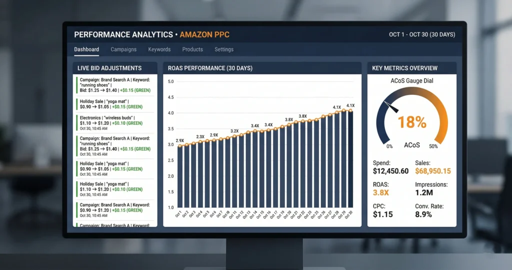 Amazon PPC optimization with AI showing a dark analytics dashboard with live bid data, ROAS charts and campaign performance metrics for Amazon sellers in 2026