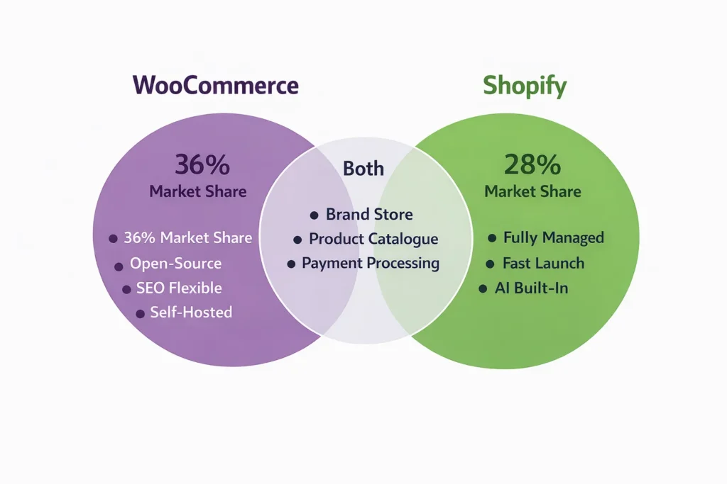 eCommerce platform comparison diagram showing Shopify and WooCommerce global market share in 2026
