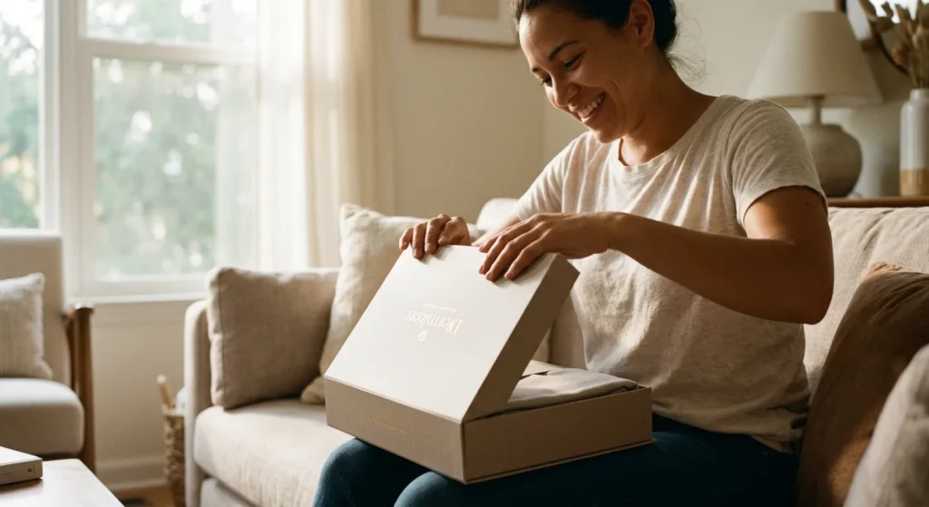 A person unboxing a product, demonstrating human-centric Amazon marketing.