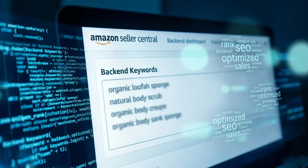 A digital representation of backend keyword optimization for Amazon.