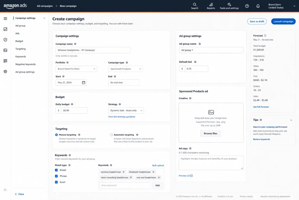 Amazon Sponsored Brands campaign setup dashboard interface