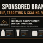 Illustrated banner showing a Sponsored Brands ad mockup with copper accent arrows and a rising bar chart representing brand awareness growth on Amazon in 2026
