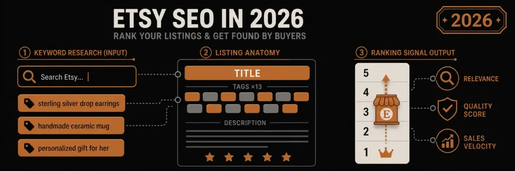 Illustrated hero banner showing an Etsy search bar with copper keyword tag chips on the left, a listing card anatomy diagram with title, 13 tags, and description in the center, and a copper ranking ladder with relevance, quality score, and sales velocity signal icons on the right