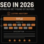 Illustrated hero banner showing an Etsy search bar with copper keyword tag chips on the left, a listing card anatomy diagram with title, 13 tags, and description in the center, and a copper ranking ladder with relevance, quality score, and sales velocity signal icons on the right