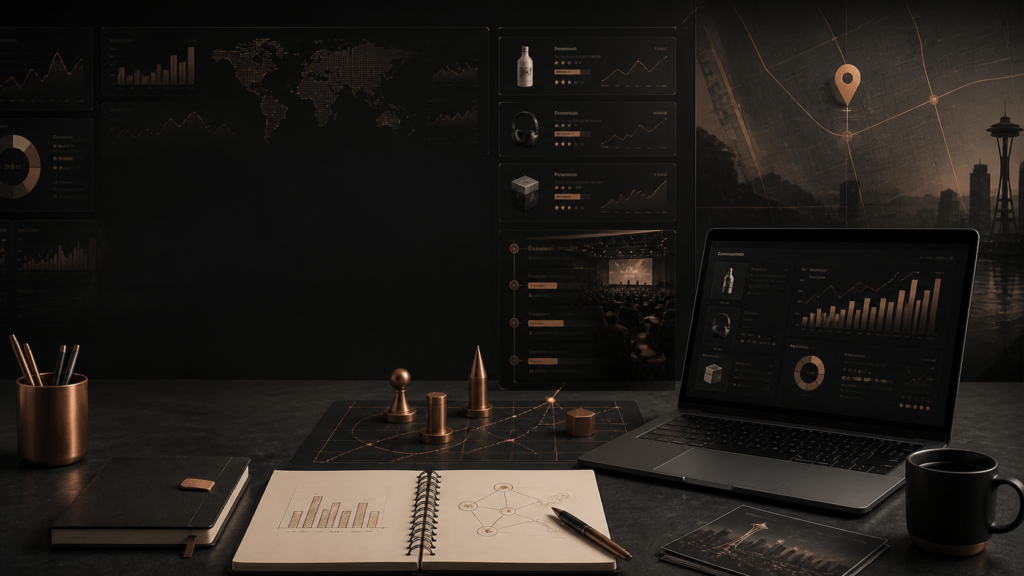 Dark copper ecommerce strategy workspace for Amazon seller event planning and marketplace growth