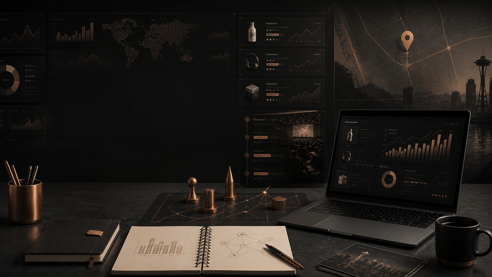 Dark copper ecommerce strategy workspace for Amazon seller event planning and marketplace growth