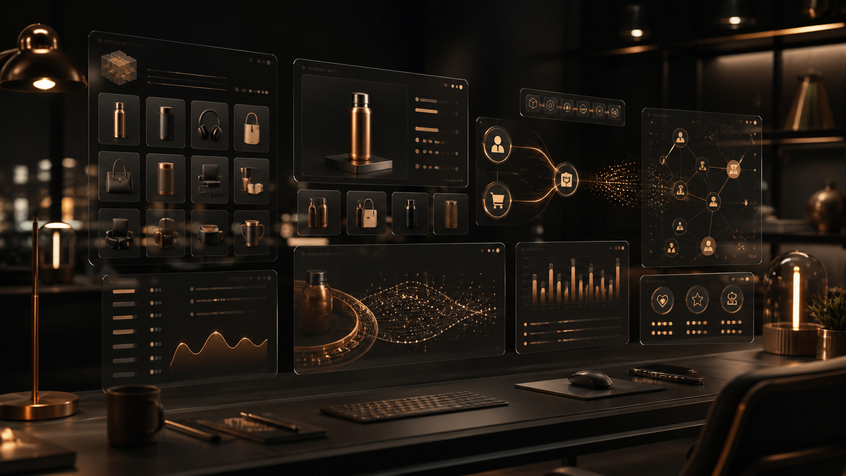 Premium dark copper ecommerce dashboard showing AI shopping agent product content readiness for Amazon Ads sellers