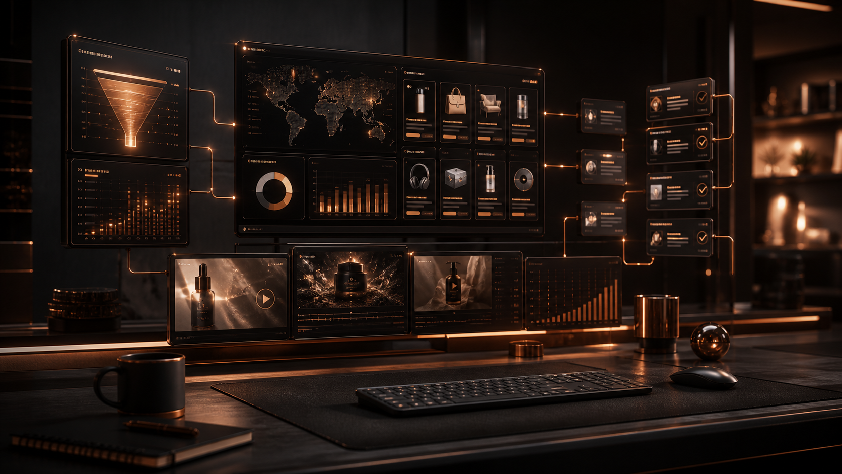 Premium dark copper ecommerce advertising operations dashboard for an Amazon Ads API update