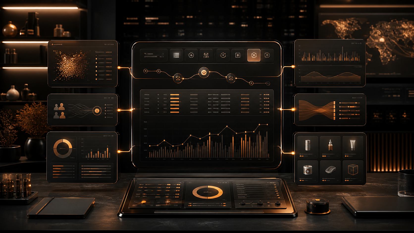 Premium dark copper ecommerce advertising planning dashboard for an Amazon Ads media plan API update