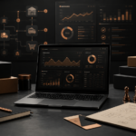 Dark copper ecommerce operations dashboard for Amazon seller AI, FBA inventory, account health, compliance, and advertising strategy