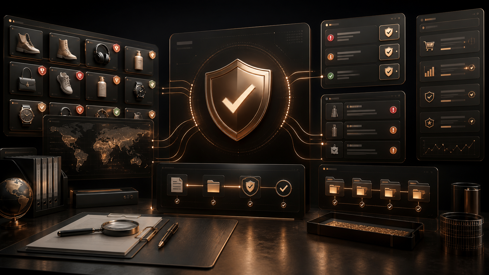 Premium dark copper ecommerce brand protection dashboard for an Amazon Brand Registry violation reporting update