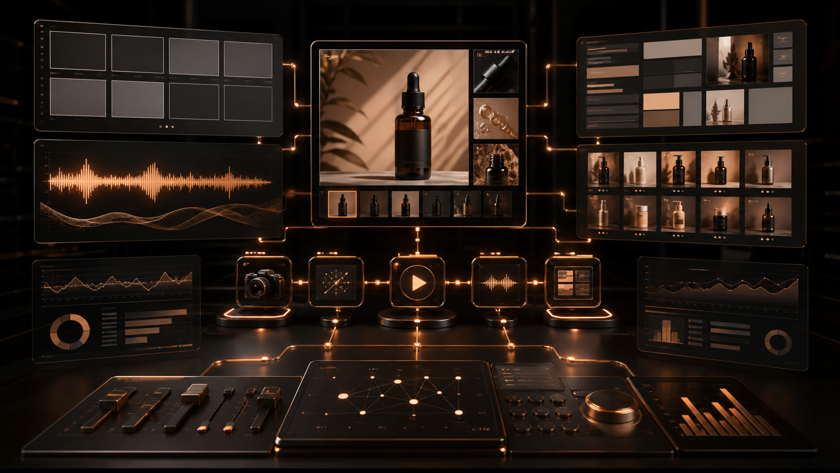 Premium dark copper ecommerce creative operations dashboard for Amazon Creative Studio seller content workflows