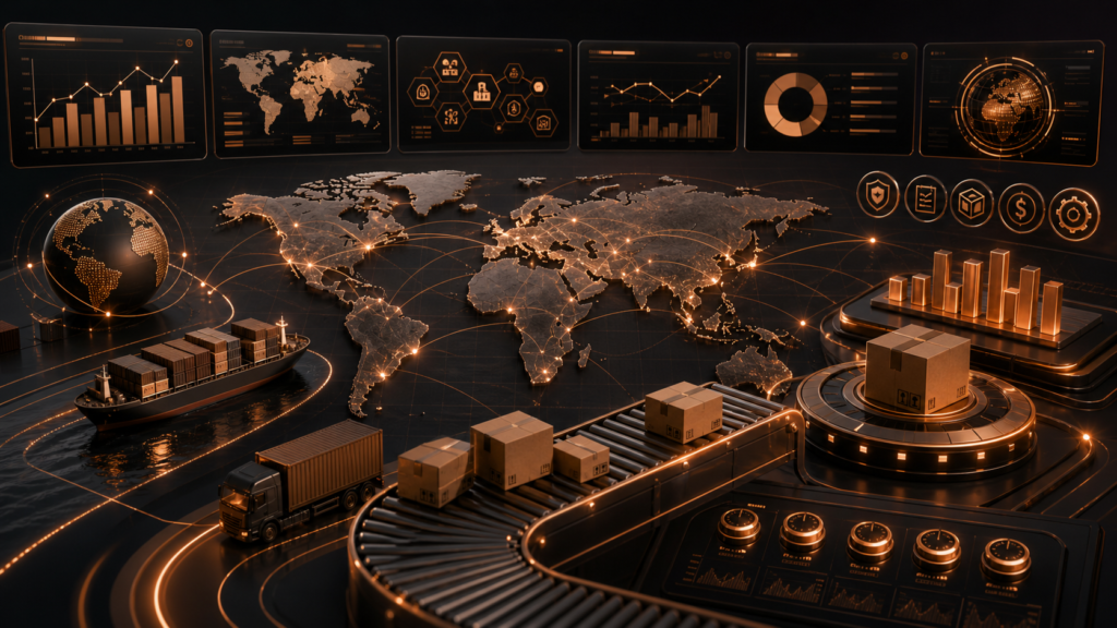 Dark copper ecommerce operations dashboard showing global trade routes, supplier diversification, inventory risk, pricing controls, and Amazon seller strategy