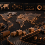 Dark copper ecommerce operations dashboard showing global trade routes, supplier diversification, inventory risk, pricing controls, and Amazon seller strategy