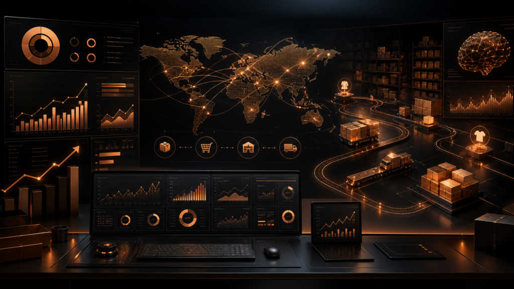 Dark copper ecommerce operations dashboard representing Amazon seller growth, FBA logistics, analytics, listings, and AI strategy