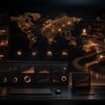 Dark copper ecommerce operations dashboard representing Amazon seller growth, FBA logistics, analytics, listings, and AI strategy