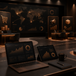 Dark copper ecommerce conference strategy room representing Amazon Seller Cafe expert guidance across account health, advertising, fulfillment, and brand growth