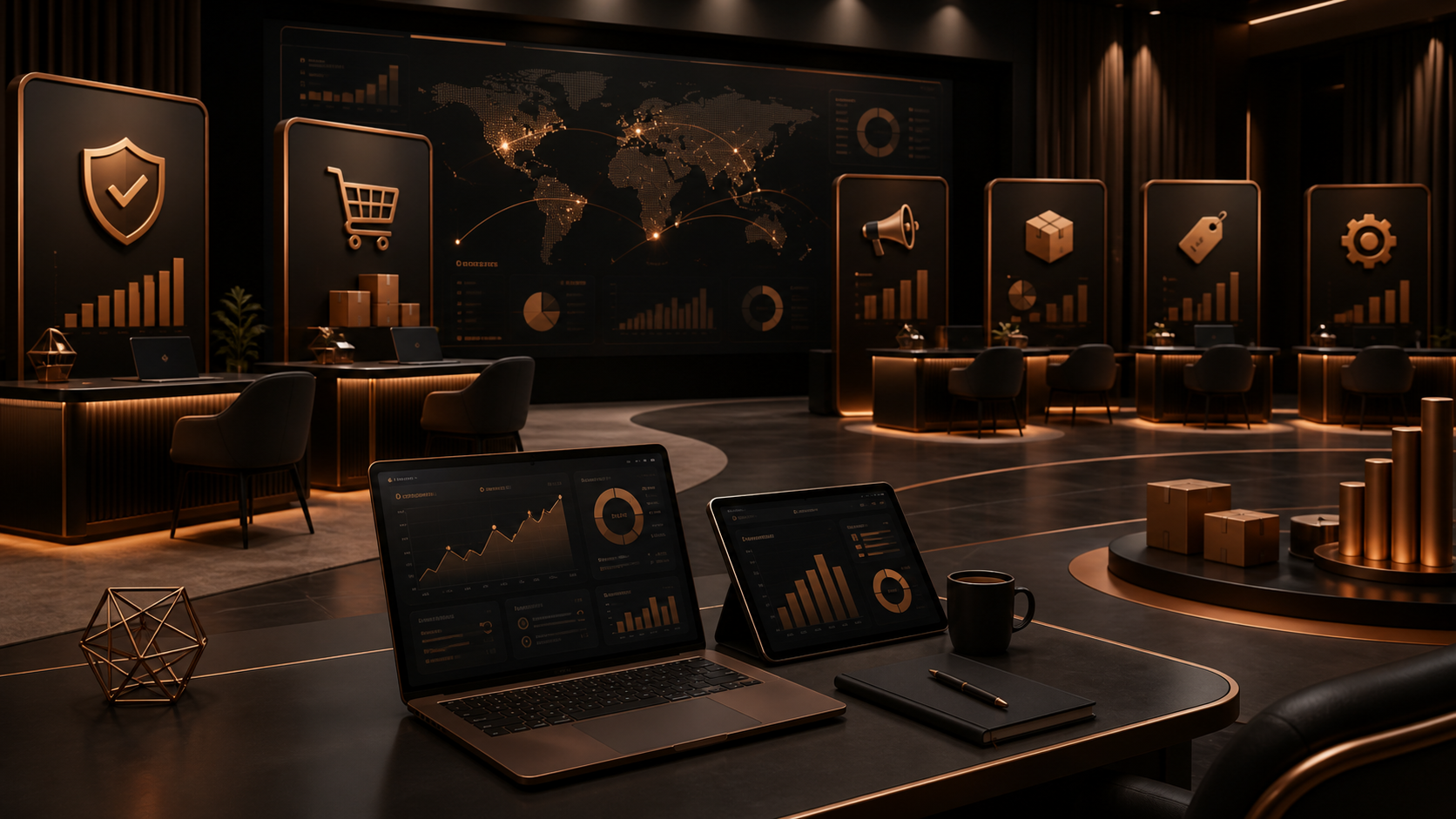 Dark copper ecommerce conference strategy room representing Amazon Seller Cafe expert guidance across account health, advertising, fulfillment, and brand growth