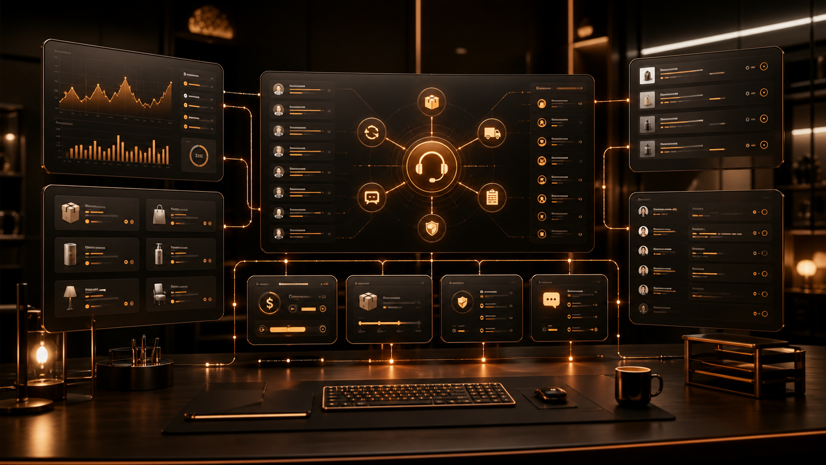 Premium dark copper ecommerce customer service operations dashboard for an Amazon seller support update