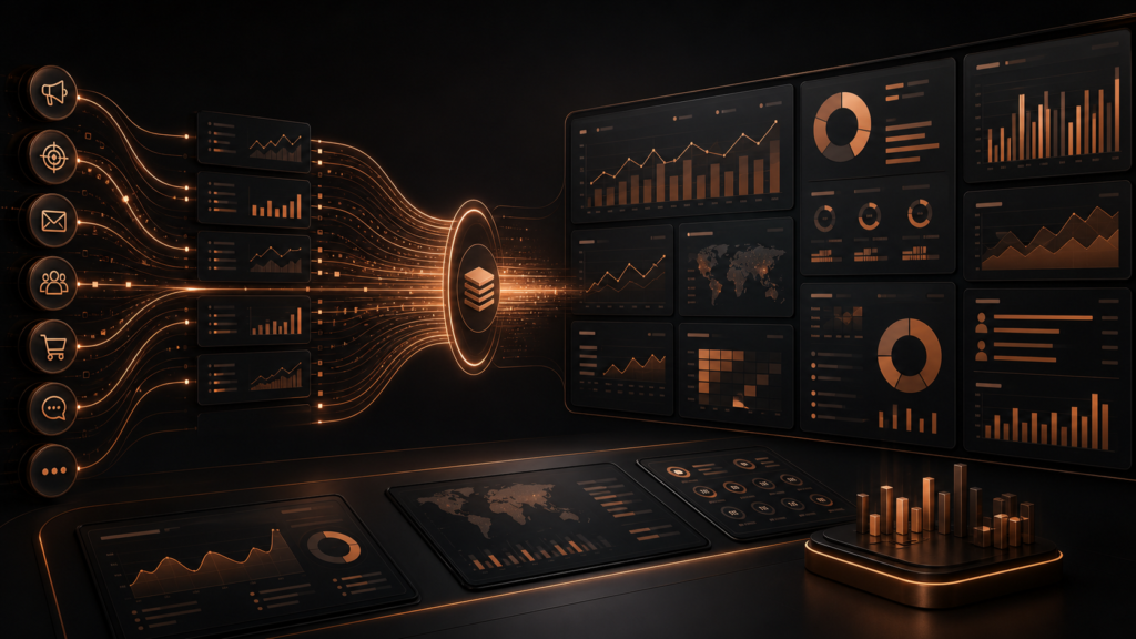 Dark copper Shopify campaign analytics dashboard showing Shop Campaigns performance metrics, GraphQL reporting flows, and ecommerce marketing data