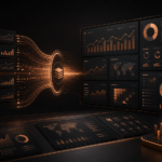 Dark copper Shopify campaign analytics dashboard showing Shop Campaigns performance metrics, GraphQL reporting flows, and ecommerce marketing data