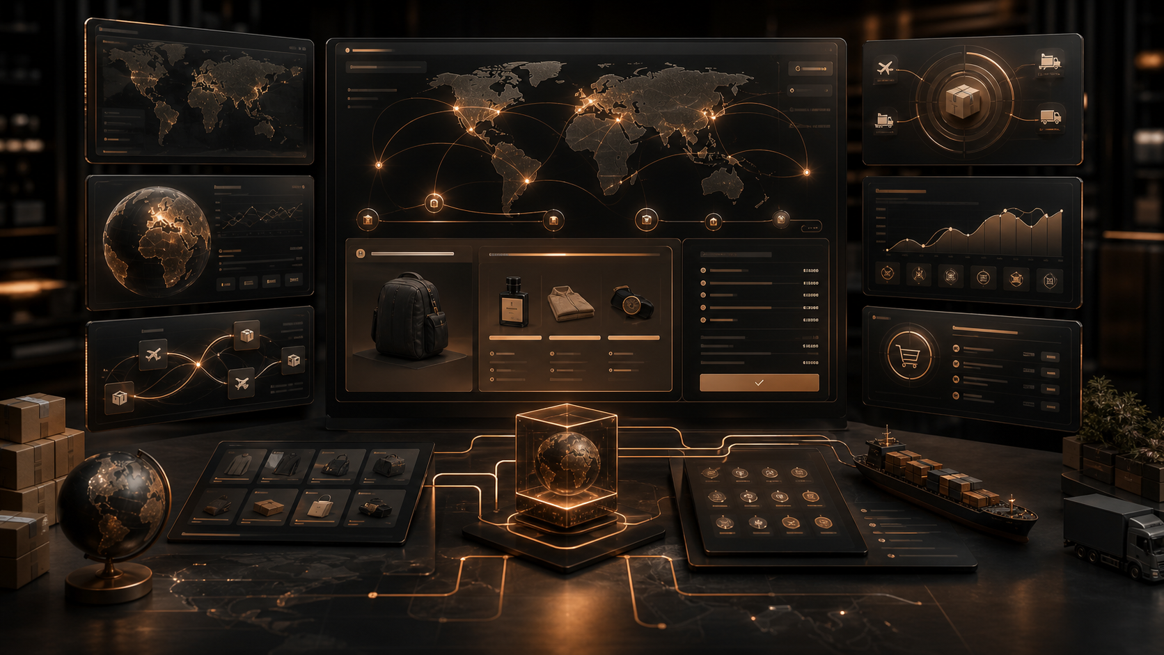 Premium dark copper international ecommerce operations dashboard for Shopify Managed Markets DDU and DDP checkout changes