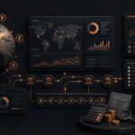Dark copper ecommerce finance dashboard showing multi-currency Shopify Payments payout routing, bank accounts, and international cash flow controls