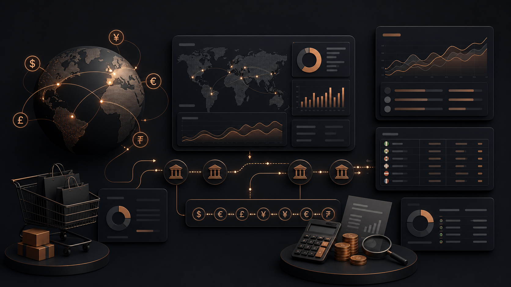 Dark copper ecommerce finance dashboard showing multi-currency Shopify Payments payout routing, bank accounts, and international cash flow controls