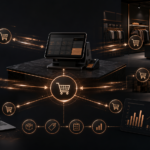 Dark copper retail operations dashboard showing Shopify POS cart sharing across mobile devices, checkout counters, store teams, draft orders, and analytics