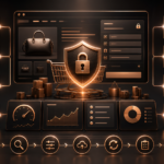 Dark copper ecommerce security dashboard showing WooCommerce checkout protection, Store API validation, coupons, analytics, logs, backups, and update workflow