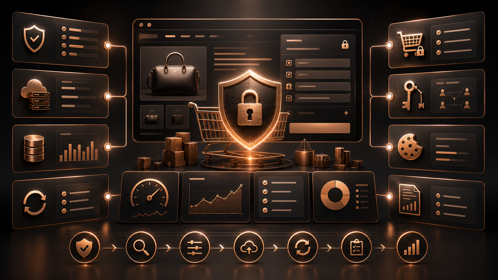 Dark copper ecommerce security dashboard showing WooCommerce checkout protection, Store API validation, coupons, analytics, logs, backups, and update workflow