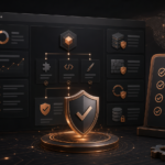 Dark copper website security operations dashboard showing CMS updates, plugin checks, vulnerability patches, and ecommerce maintenance