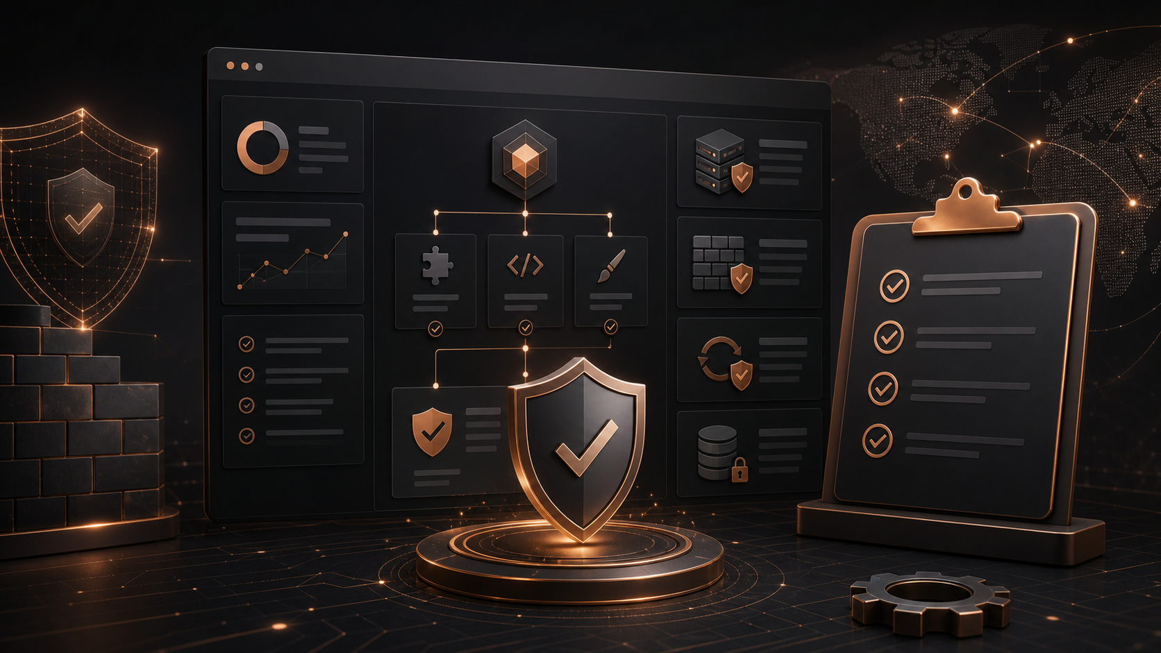 Dark copper website security operations dashboard showing CMS updates, plugin checks, vulnerability patches, and ecommerce maintenance