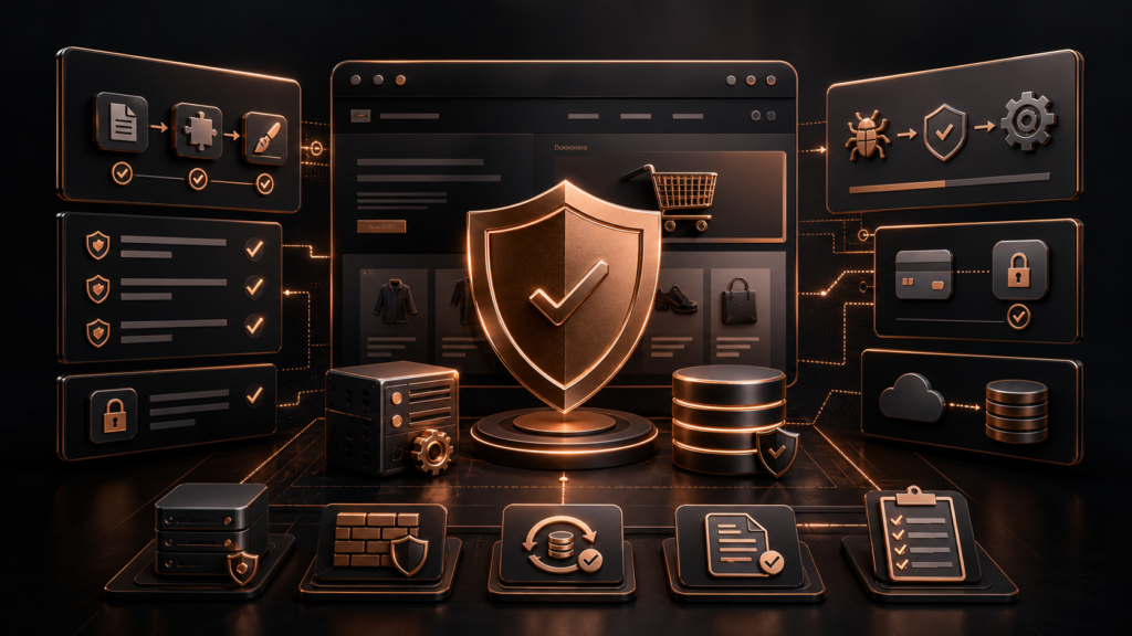Dark copper website security operations dashboard showing WordPress security updates, ecommerce checkout protection, plugin checks, backups, logs, and maintenance workflows