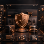 Dark copper website security operations dashboard showing WordPress security updates, ecommerce checkout protection, plugin checks, backups, logs, and maintenance workflows
