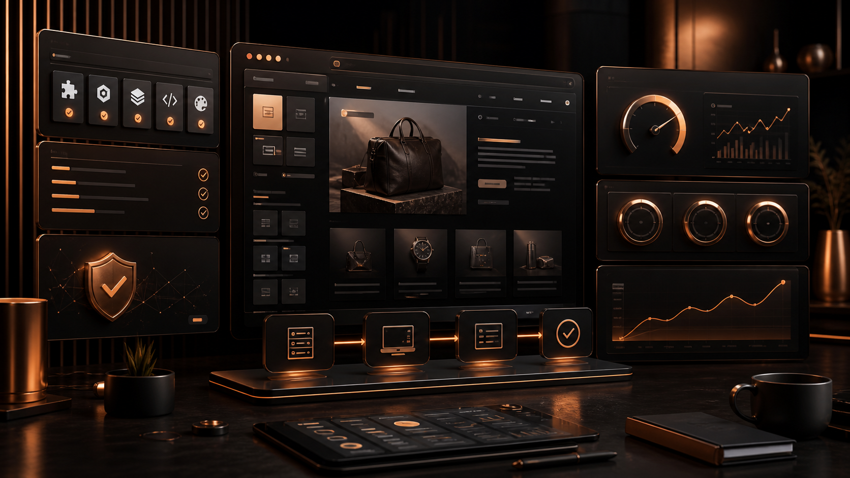 Premium dark copper ecommerce website operations dashboard for a WordPress 7.1 update