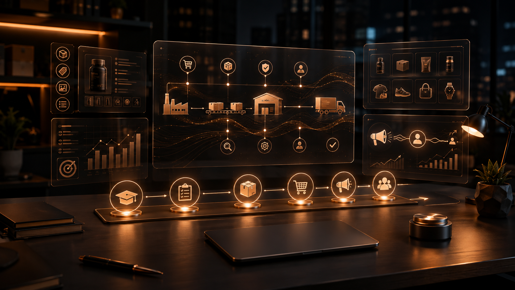 Premium dark copper ecommerce training dashboard for Amazon Seller University and Seller Central team readiness